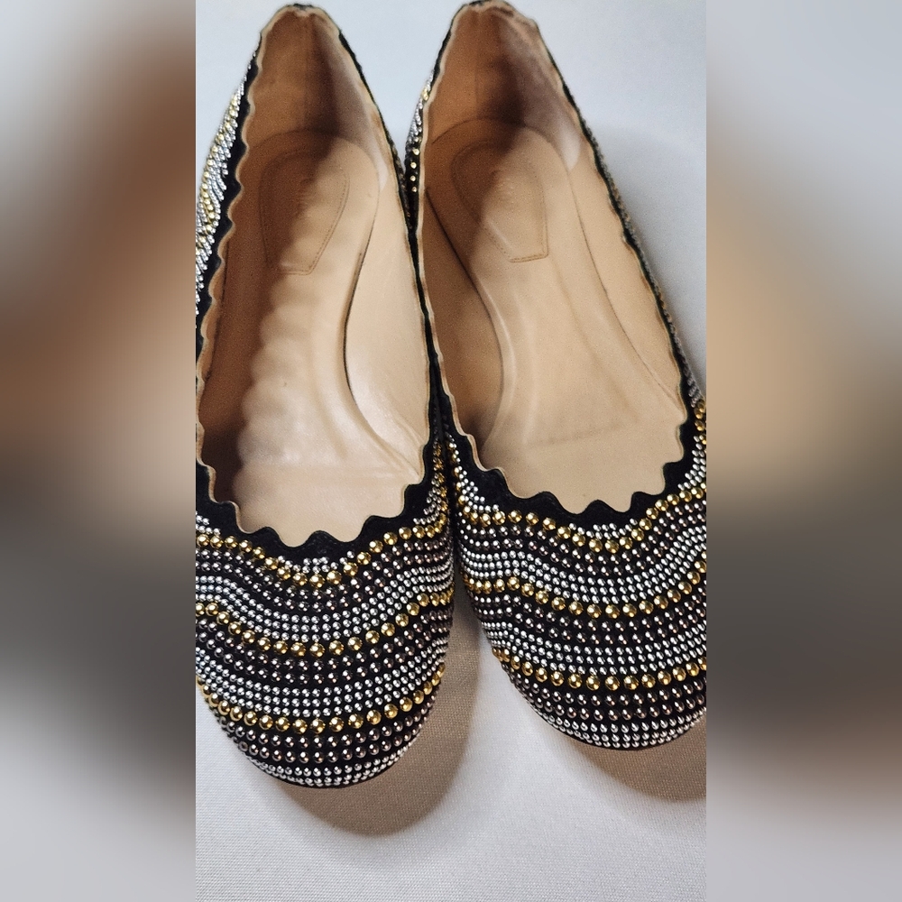 CHLOE Elegant Black and Gold Silver Beaded Flats Size 38 EU Made In Italy